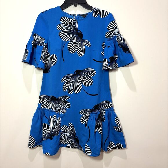 Ann Taylor Blue Floral Ruffled Drop Waist Dress Women 0 Bold Floral Relax Cruise - Picture 1 of 5